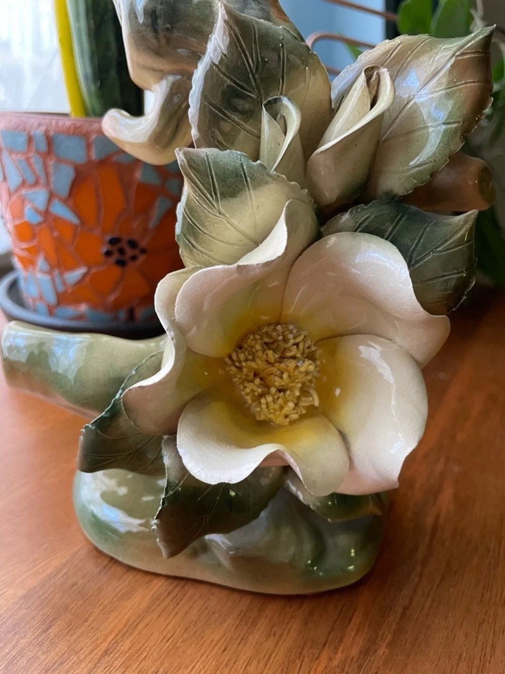 Wm Maddux California Pottery Pink Cockatoo on Stump with Magnolia Flower (broken